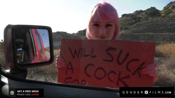 Trans hitchhiker with flat tits Claire Tenebrarum sucks cock for a ride - anysex.com on members.royalboobs.com